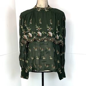 Zara Women S Embroidered Blouse Sheer Layered Cottagecore Boho Pleated Green